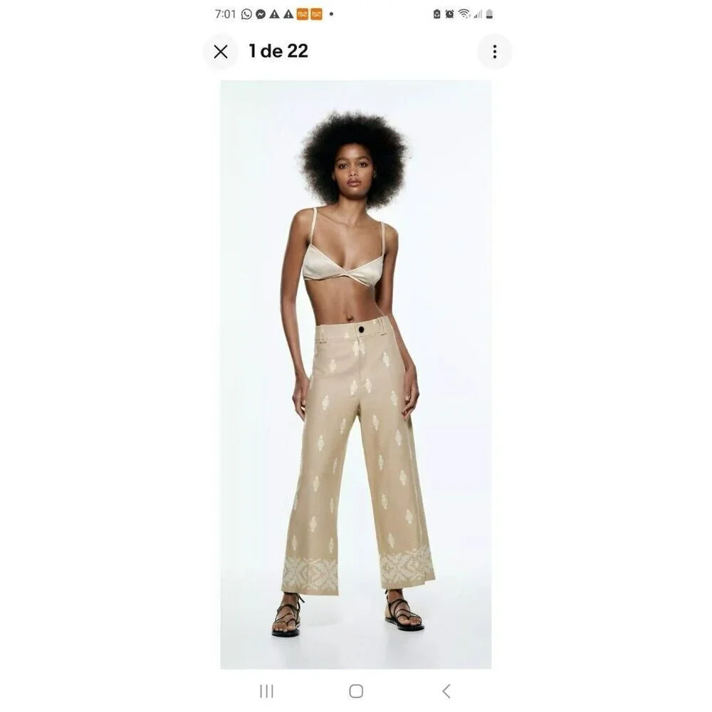 ZARA Linen Blend Embroidered Wide Leg Crop Pants Beige Blogger F 2731 047